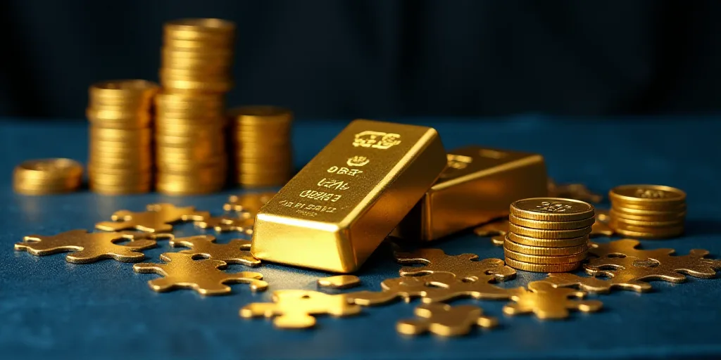 a stack of gold coins and a gold bar on a table with other gold coins around it and a blue table clo
