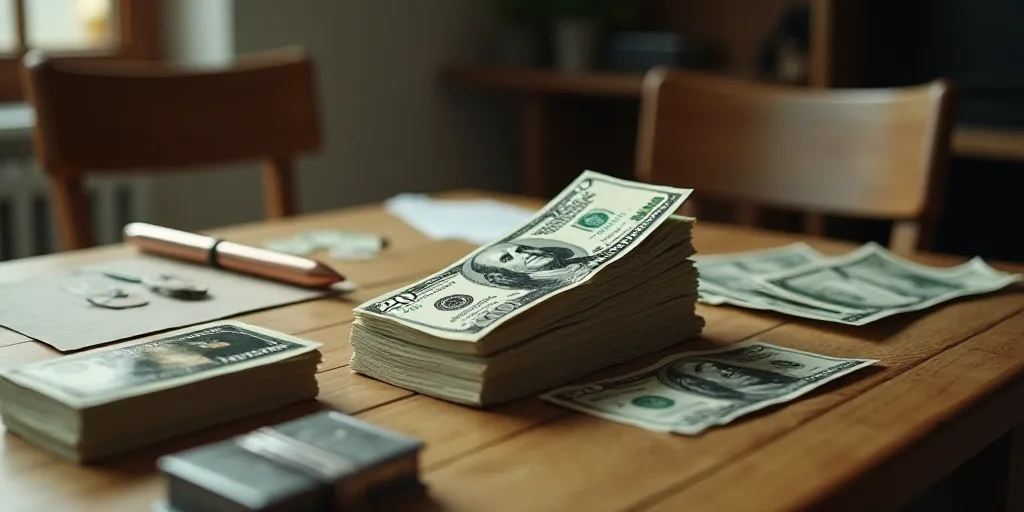a stack of twenty dollar bills sitting on top of each other on a table in a room with other items, B