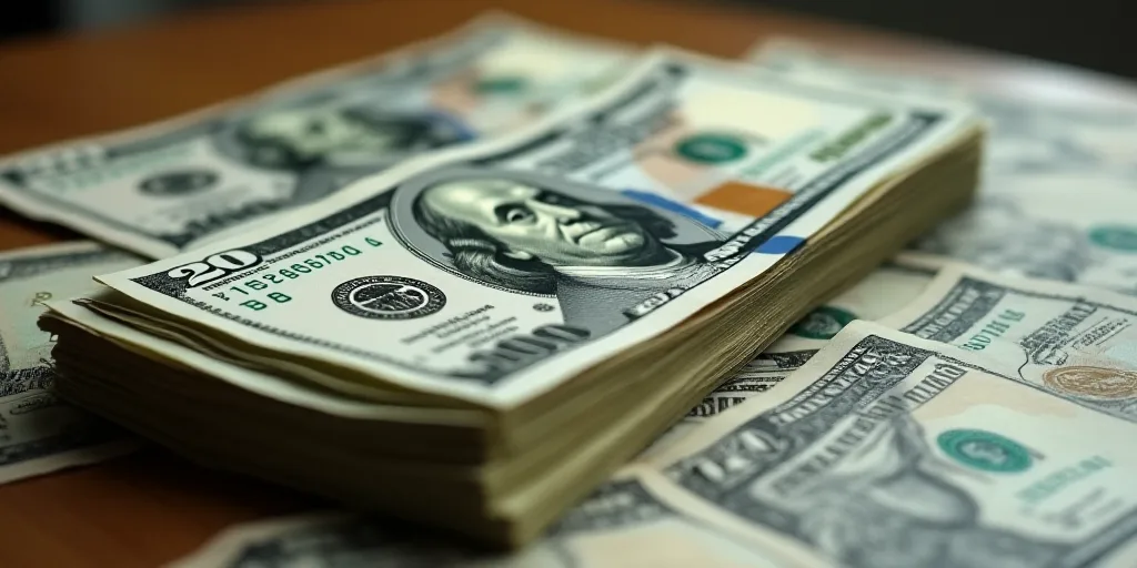 a stack of twenty dollar bills sitting on top of each other on a table with a lot of money, Benjamin