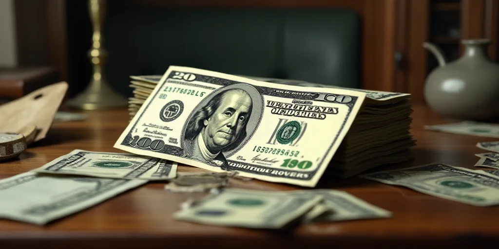a stack of twenty dollar bills sitting on top of each other on a table in a room with other items, B