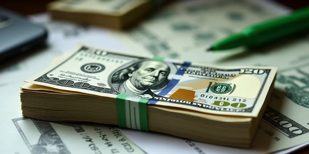 a stack of twenty dollar bills sitting on top of each other on a table with a green marker on it, Be