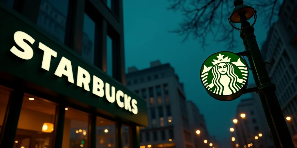 a starbucks sign is lit up outside of a building with a starbucks logo on it's side and a starbucks