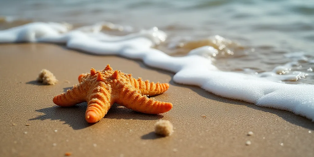 a starfish is laying on the sand near the water's edge, with a small amount of sand nearby, Aquirax