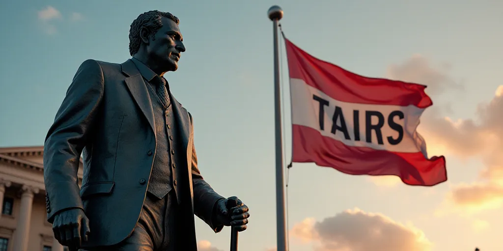 a statue of a man in front of a flag and a sign that says tarifs on it, Beeple, dof, a raytraced ima