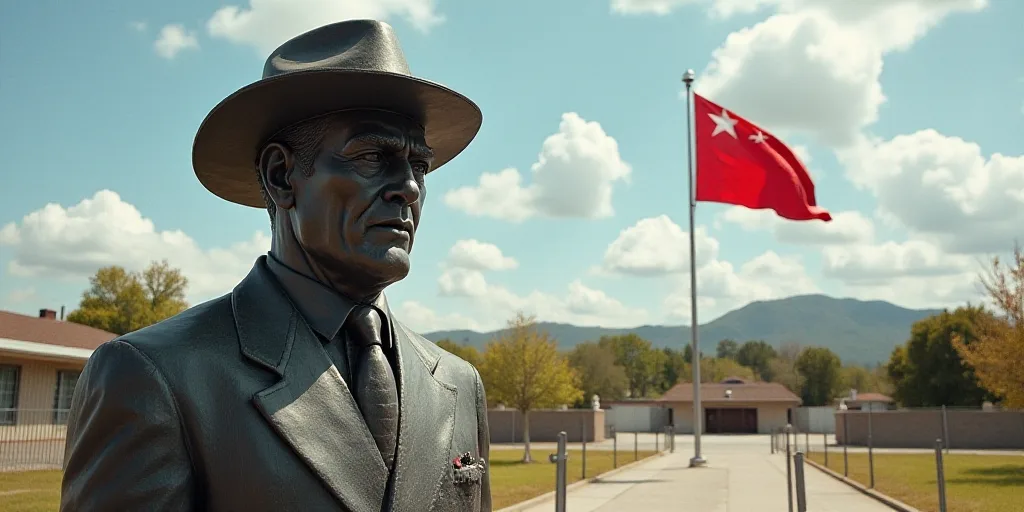 a statue of a man with a hat and a flag flying in the background of a fenced in area, Carlos Francis