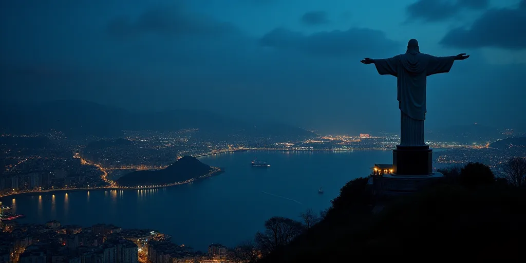 a statue of christ overlooking a city at night with lights on it's sides and a body of water below,