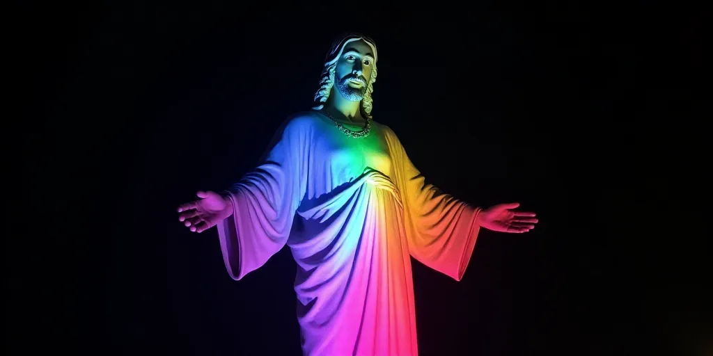 a statue of jesus with a rainbow light on it's body and arms and legs, in the dark, Christo, technic