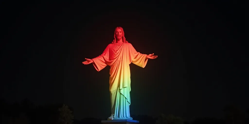 a statue of jesus with a rainbow light on it's body and arms and legs, standing in the dark, Christo