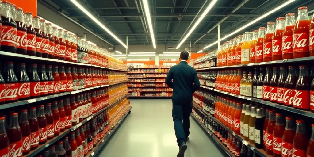 a store filled with lots of bottles of juice and a man walking by it in the aisle of the store, Doro