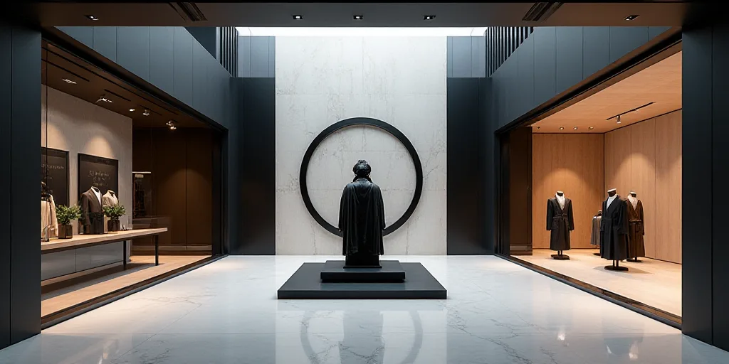 a store front with a large window display in the middle of it's floor area and a black and white scu