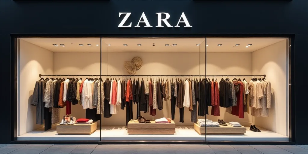 a store with a lot of clothes on display in it's storefront window and a sign that says zara, Avgust