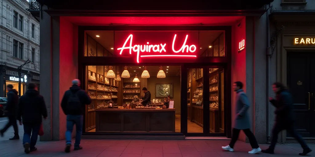 a storefront with a neon sign above it and people walking by it in the background and a red neon sig