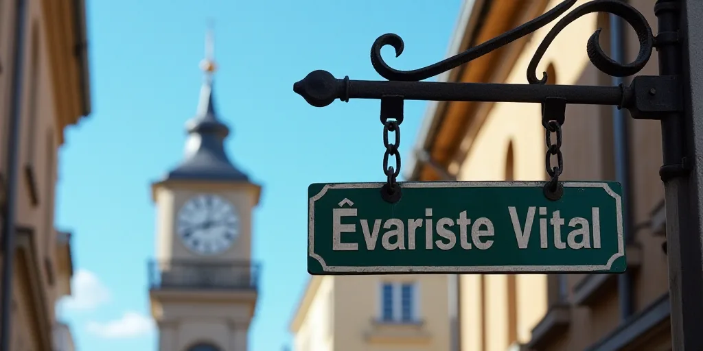 a street sign is hanging from a building with a clock tower in the background and a blue sky in the