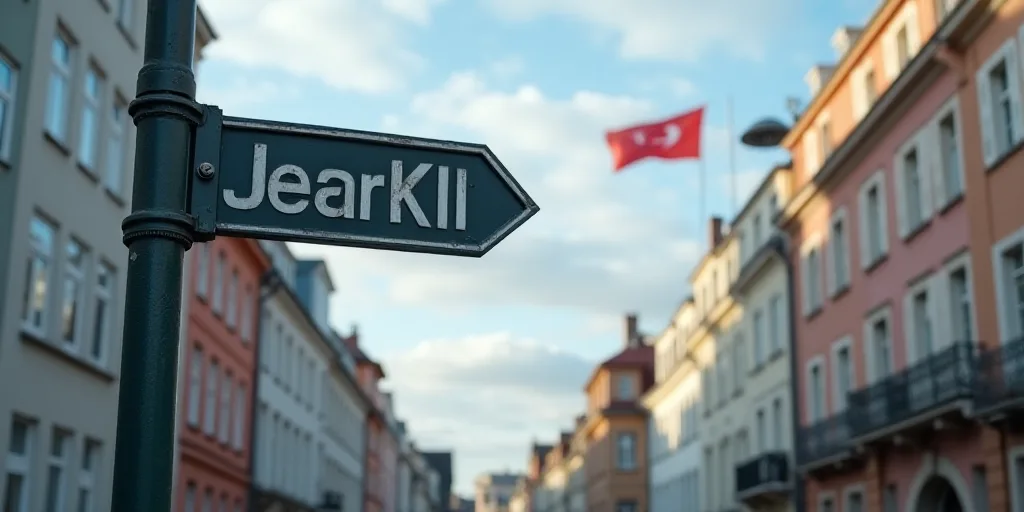 a street sign on a pole with a flag in the background of a building and a flag in the background, An