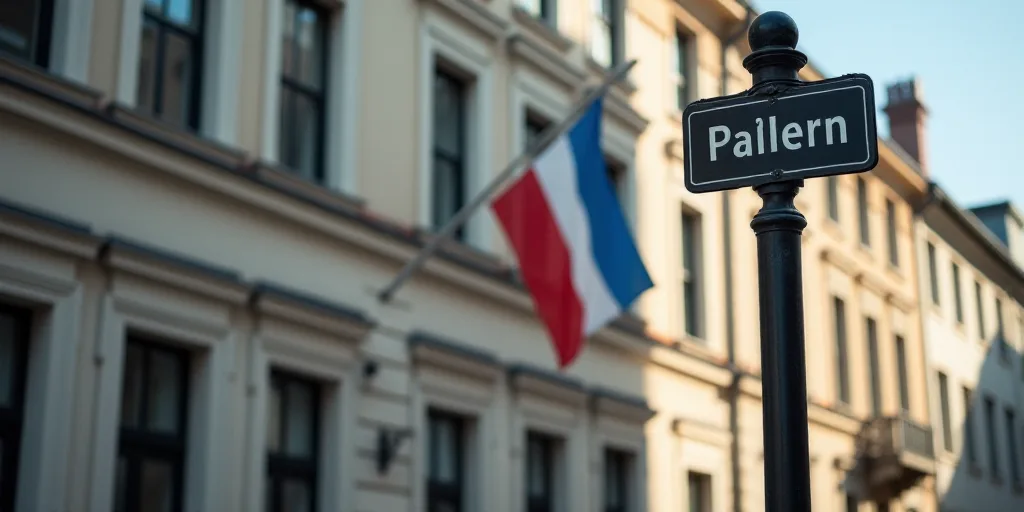 a street sign on a pole with a building in the background and a flag hanging on the wall street sign