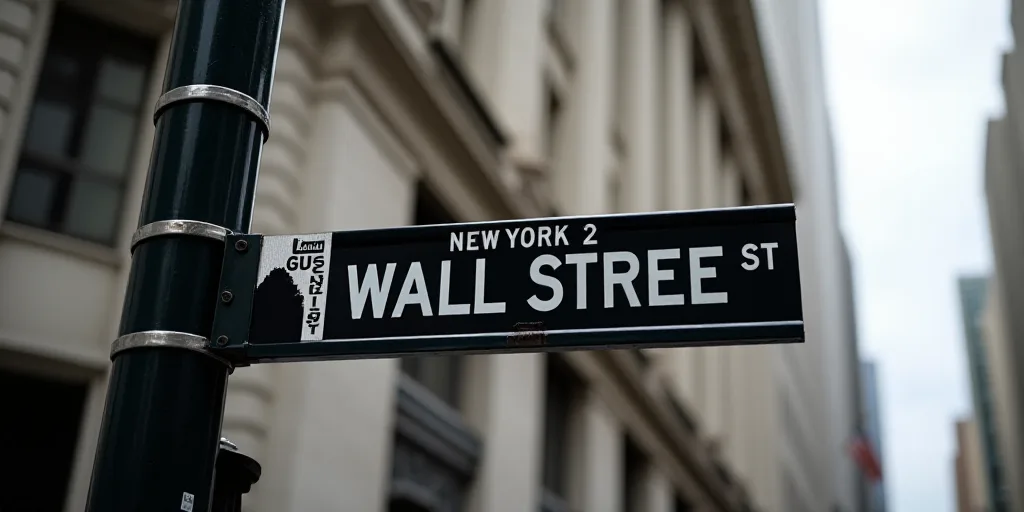 a street sign that is on the side of a building that says wall street and new york stock exchange, A