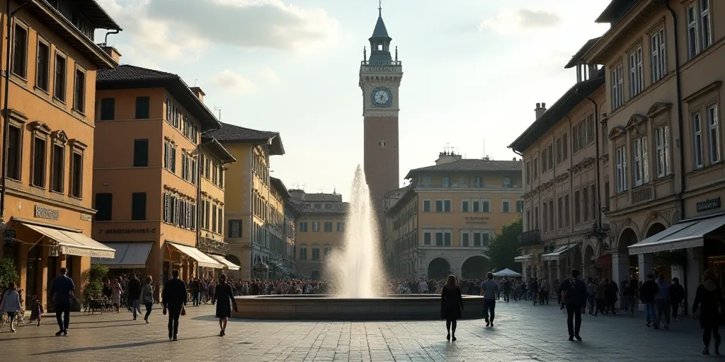 a street with a fountain and a clock tower in the background and people walking on the sidewalk in t