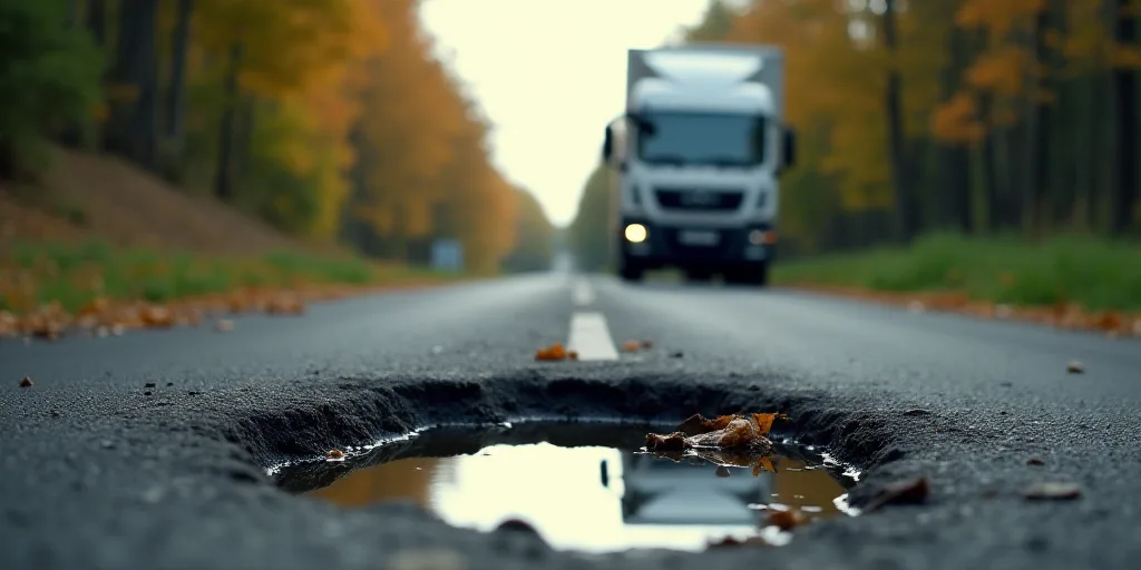 a street with a pot hole in the middle of it and a truck in the background on the road, Avgust Čern