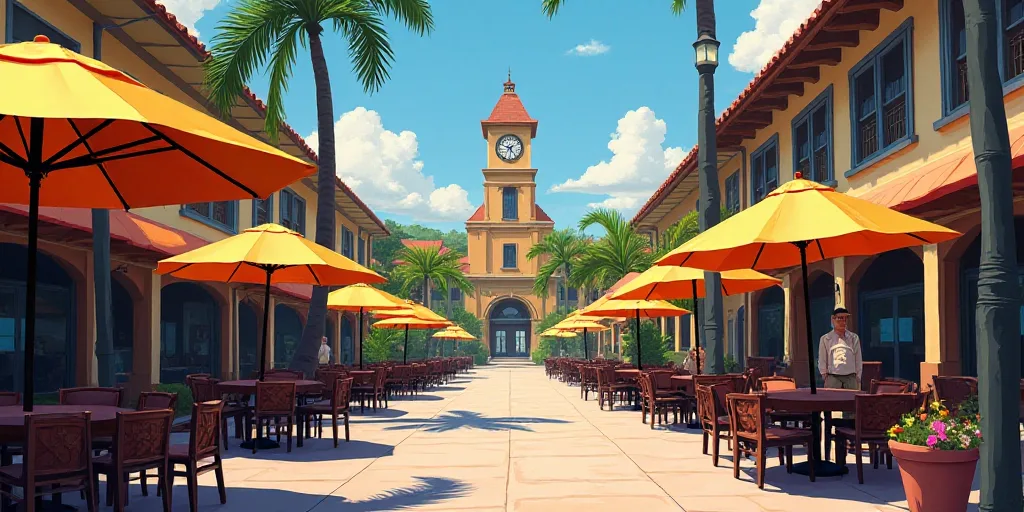 a street with tables and umbrellas on both sides of it and a building with a clock tower in the back