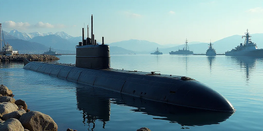 a submarine is docked in a harbor with other ships in the background and mountains in the distance,