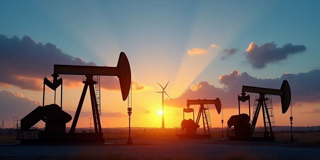 a sunset with oil pumps and a windmill in the background with a blue sky and clouds in the foregroun