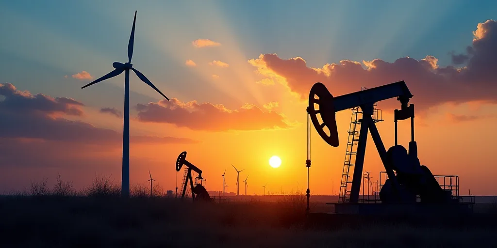a sunset with oil pumps and a windmill in the background with a blue sky and clouds in the foregroun