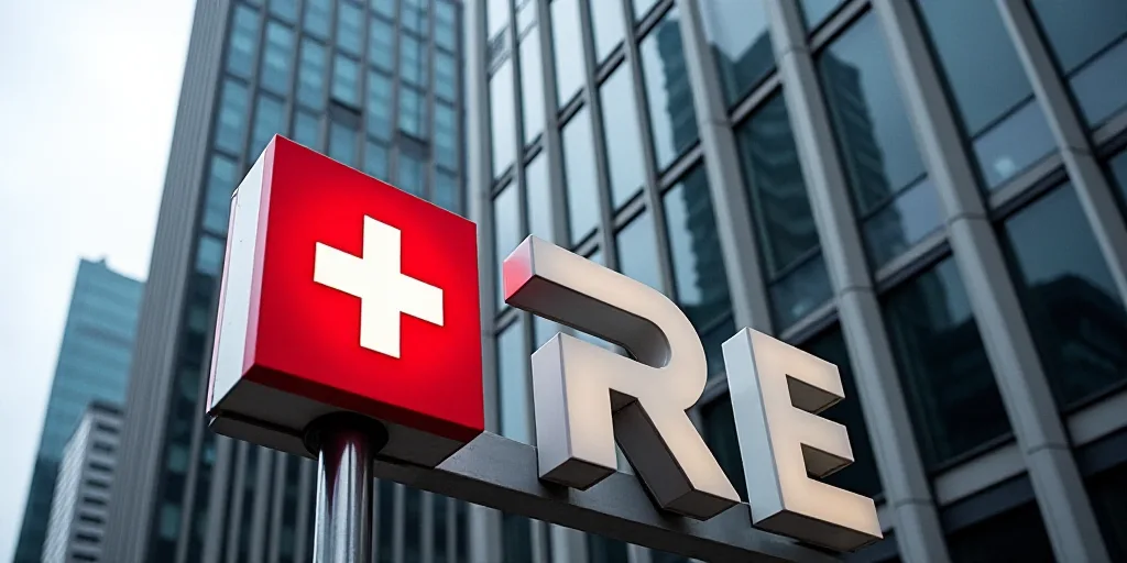 a swiss re sign in front of a tall building in a city with windows on the side of it, Carles Delclau