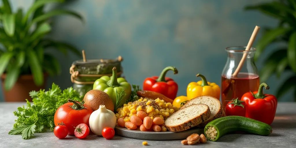 a table topped with different types of foods and vegetables next to each other on a table top with a