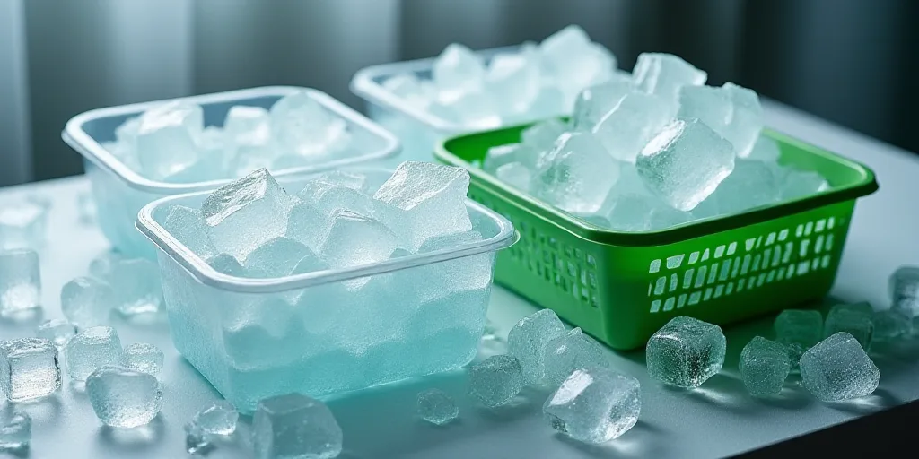 a table topped with lots of ice and plastic containers filled with ice cubes and a green basket fill