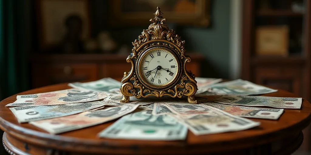 a table with a lot of mexican currency on it and a clock on top of it with a clock on it, Aquirax Un