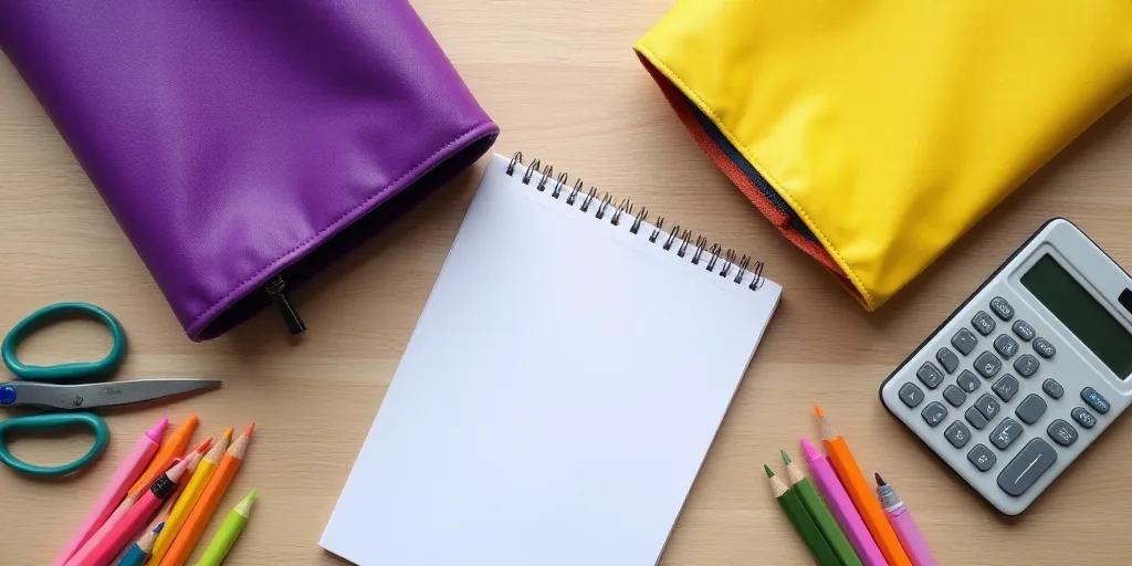 a table with a purple bag, a purple bag, a yellow bag, a pair of scissors, a pencils, markers, marke
