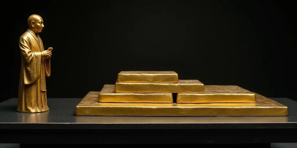 a table with gold bars on it and a person standing next to them on the table with a black surface, C
