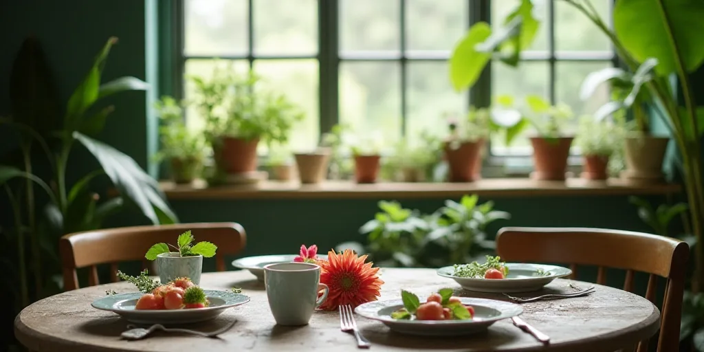 a table with plates and flowers on it in a room with plants and windows in the background and a larg