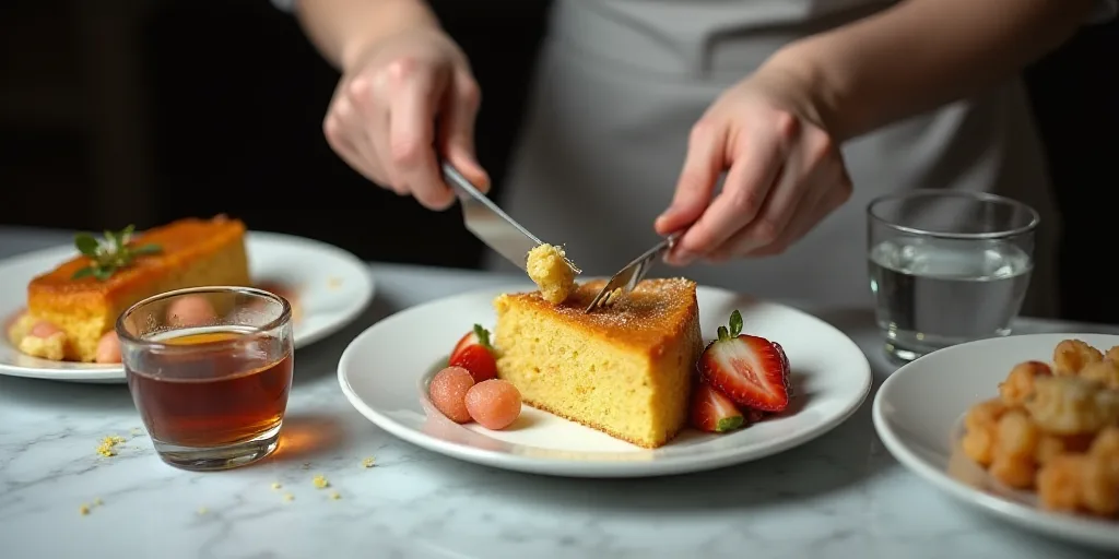 a table with plates of food and a glass of water on it with a person cutting a piece of cake, Betye