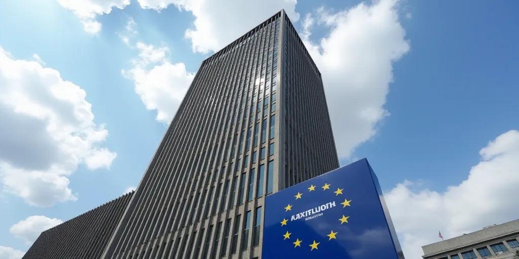 a tall building with a european central bank sign in front of it and a sky background with clouds in