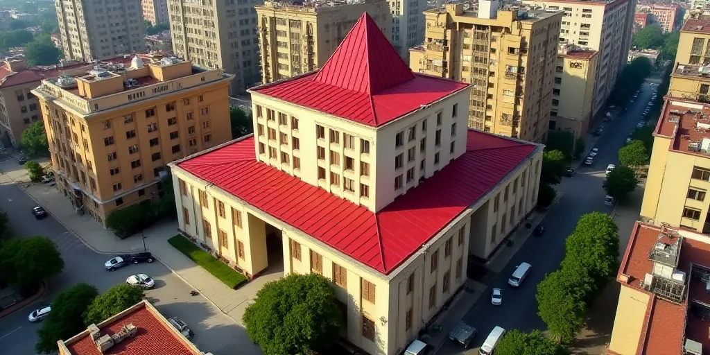 a tall building with a red roof and a red roof on top of it's roof is surrounded by tall buildings,