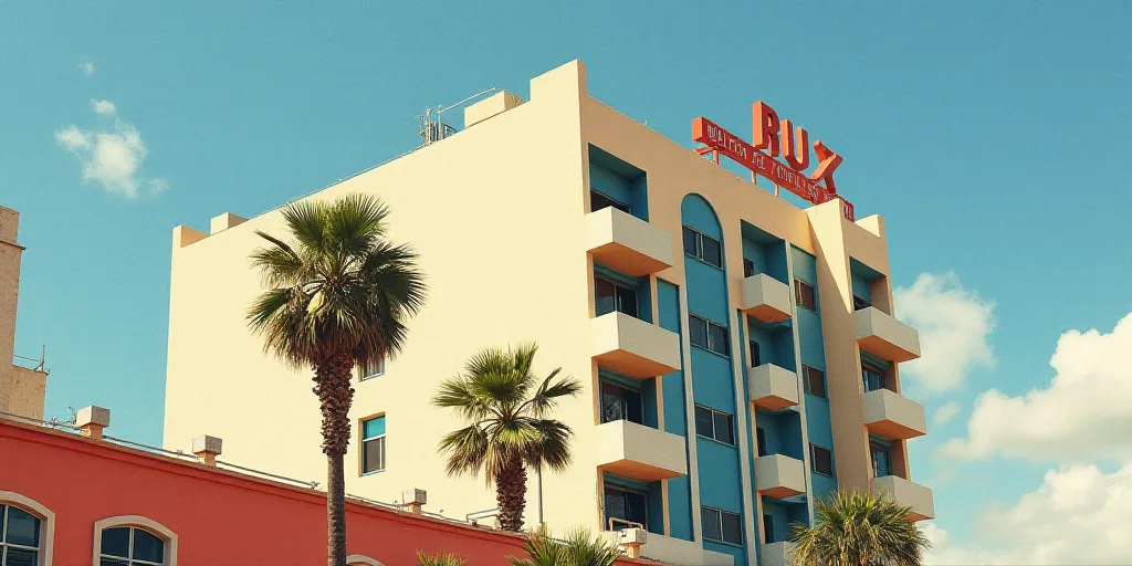 a tall building with a sign on top of it's side and palm trees in front of it, Carles Delclaux Is, s