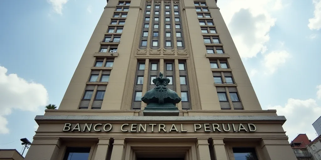 a tall building with a sign on the front of it that says banco central peruia in spanish, Emiliano P
