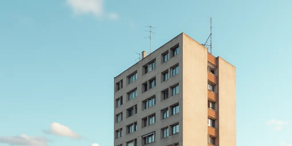 a tall building with a sign on the side of it's side and a sky background behind it, Avgust Černigo