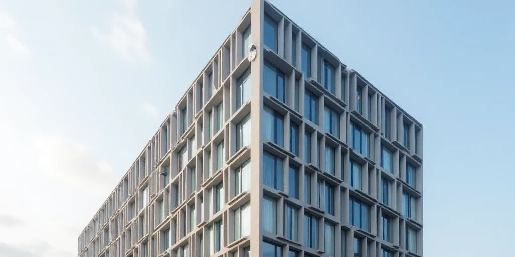 a tall building with many windows and a clock on the side of it's face and a sky background, David C