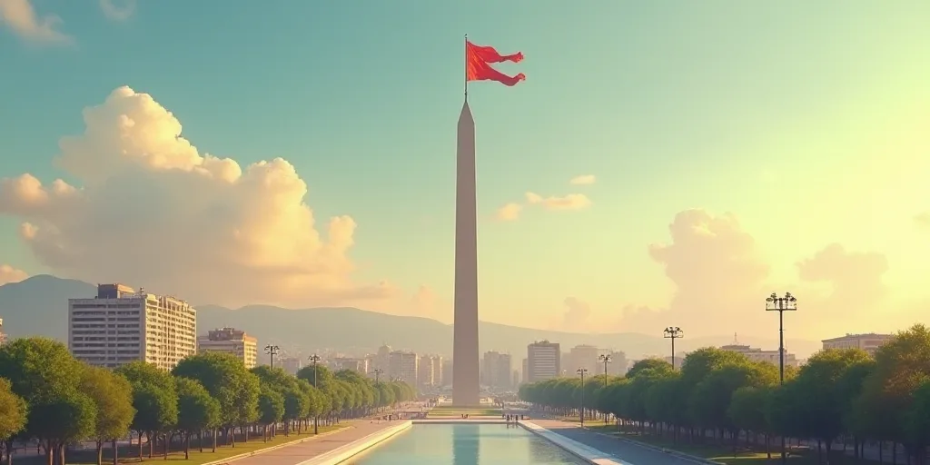 a tall obelisk in a city with a flag flying in the wind and a building in the background, Emiliano P