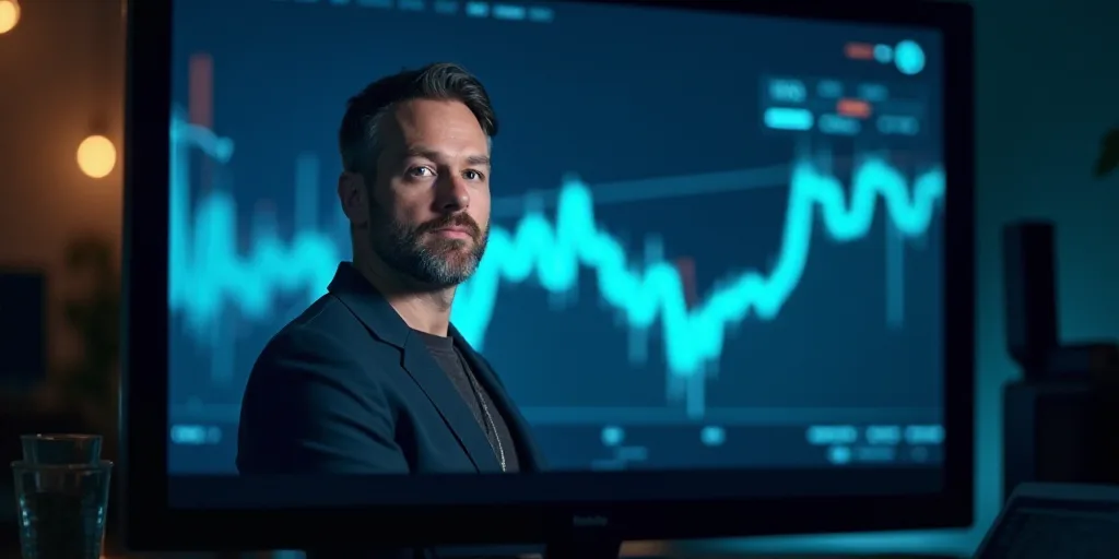 a television screen with a man on it and a stock chart in the background with a blue light on, Andri