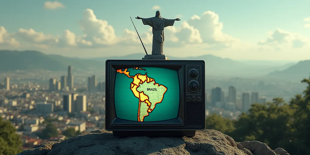 a television screen with a map of brazil and a statue of christ on top of it in front of a city, Aqu