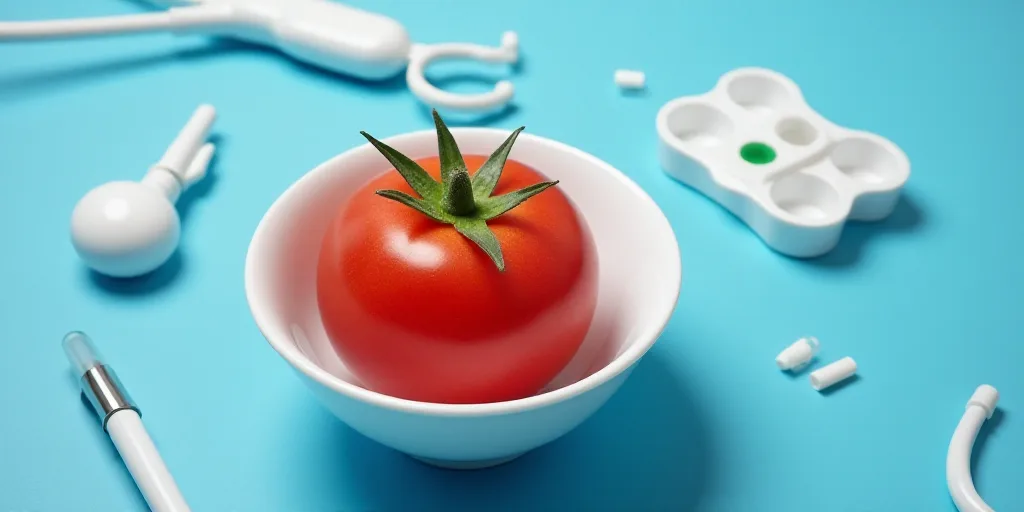 a tomato in a white bowl surrounded by medical sys on a blue background with a blue surface with a f