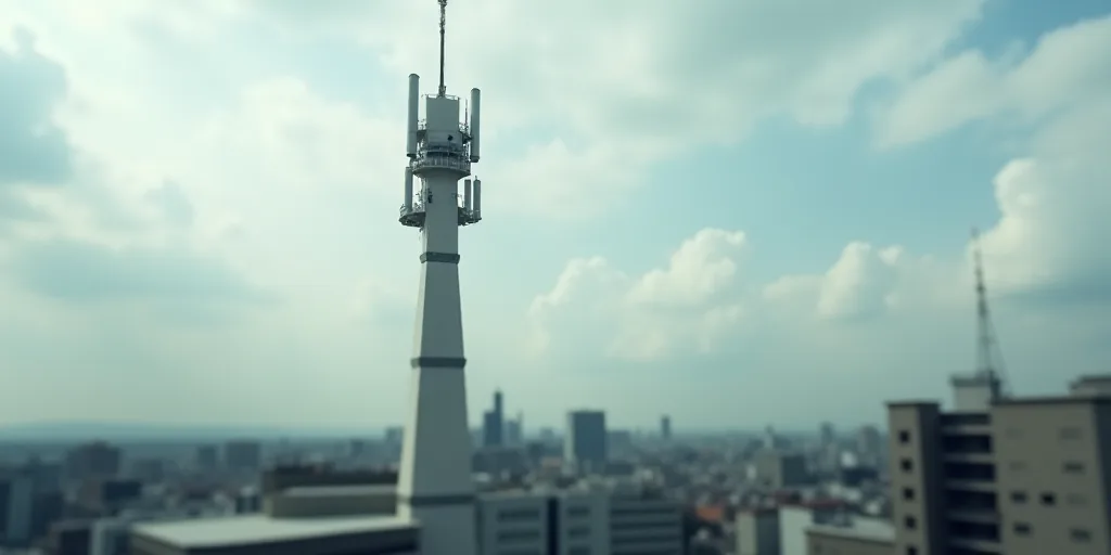 a tower with several antennas and a building in the background with a cloudy sky in the background,