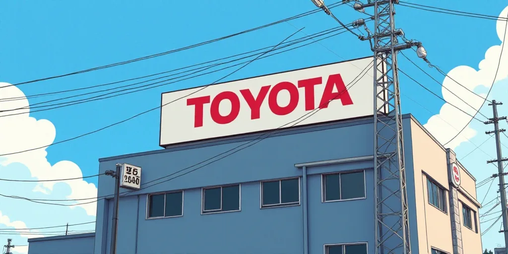 a toyota sign is shown on a building in japan, with power lines above it and a toyota logo on the si