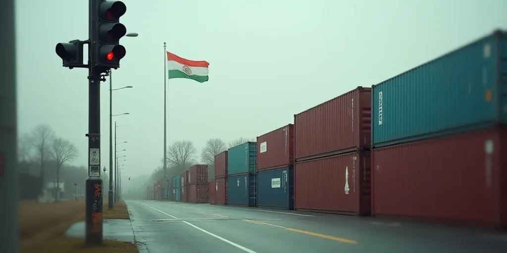 a traffic light with a bunch of containers behind it and a flag on top of a pole in the background,