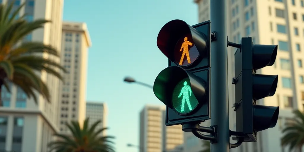 a traffic light with a green pedestrian signal in front of a building with a palm tree in the foregr