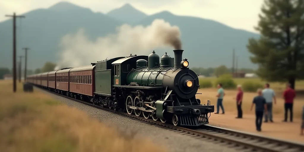 a train is traveling down the tracks with people standing on the side of it and a mountain in the ba