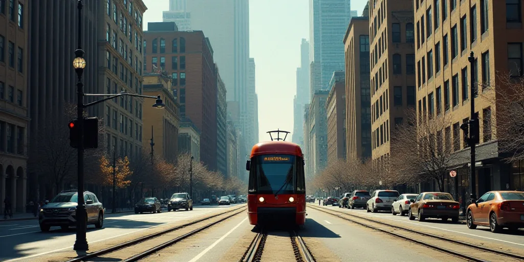 a train is traveling through a city with tall buildings and cars on the street below it and a train